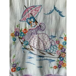 Vintage Embroidered Lady Parasol Table Runner Lilac Trim 34” Cottage Kitchen